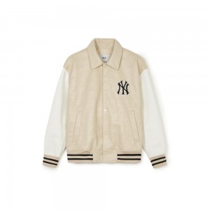 MLB Classic MONOGRAM Vegan Leather Collar Varsitiy Jacket(Single Layer) New York Yankees Jackets | MJ21-K5AO