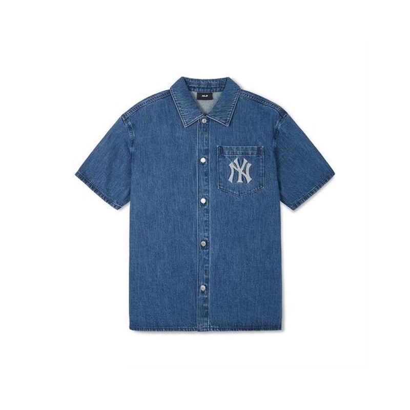 MLB Basic Mega Logo Denim Shirts New York Yankees T-Shirts | ED50-U9HT