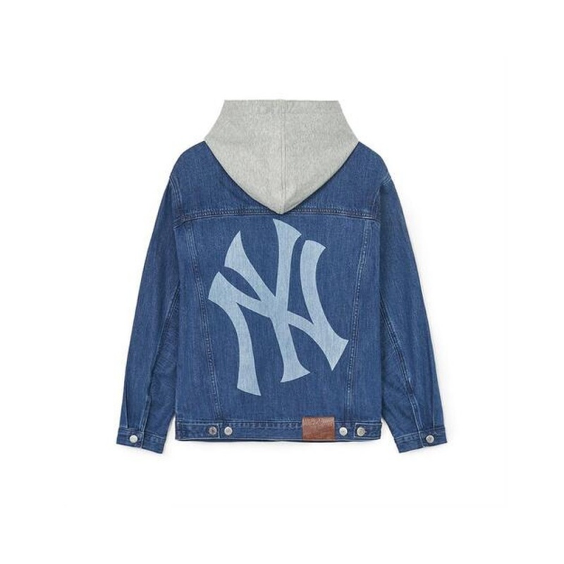 MLB Basic Mega Logo Hooded Denim Jacket New York Yankees Jackets | XF32-L8YI