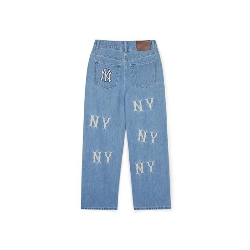 MLB [WMS] Basic Multi Mega Logo Embroidery Wide Denim Pants New York Yankees Pants | RC17-Q3AM